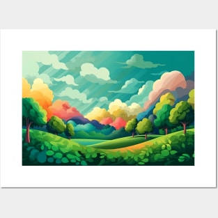 Abstract landscape with hills and trees and cloudy sky. Posters and Art